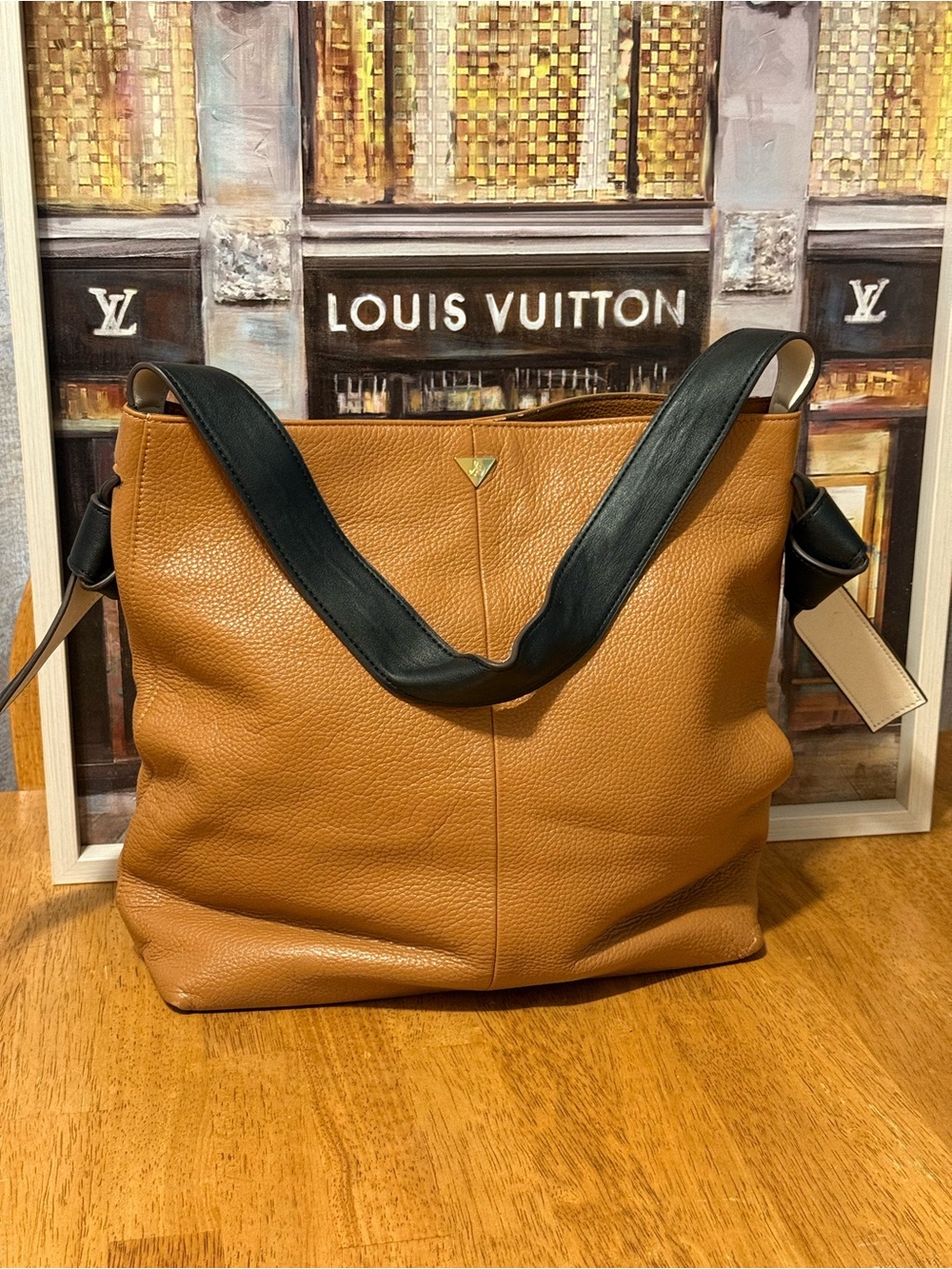 SAM EDELMAN Caramel Color Leather Shoulder Bag with Black Strap